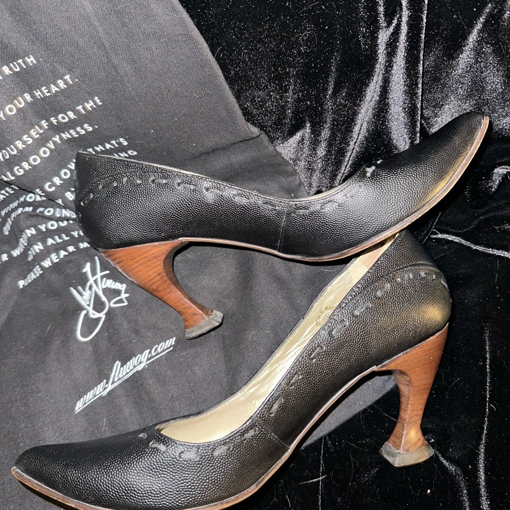 John Fluevog Vintage Black High Heel Teapot Shoes With Wooden Heel, Size 7